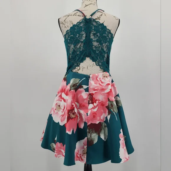 David's Bridal City Triangles Teal and Pink Lace Back Floral Mini Dress - Picture 6 of 14